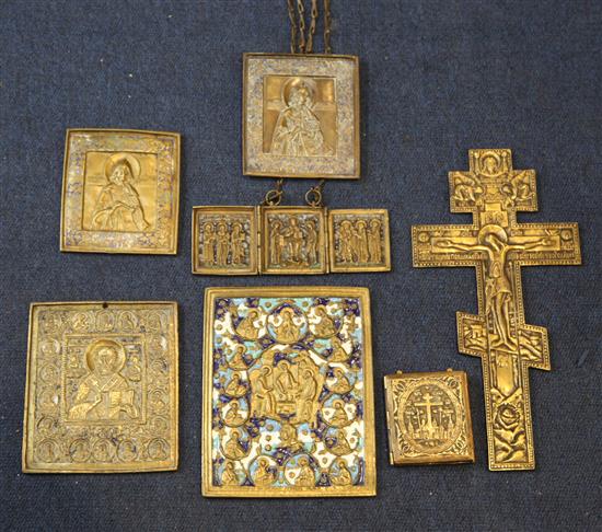 A group of 19th century and later Russian brass and champleve icons, crucifix 11in.